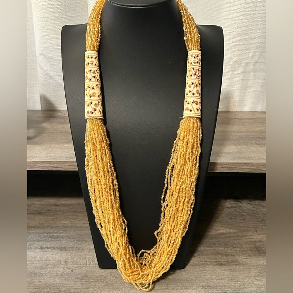 African Style Multistrand Seed Bead Necklace #G037 carved accents yellow